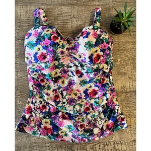 Gottex Floral Tankini Top Sz 8 (38)| Bold Tropical Garden Swimwear | Resortwear